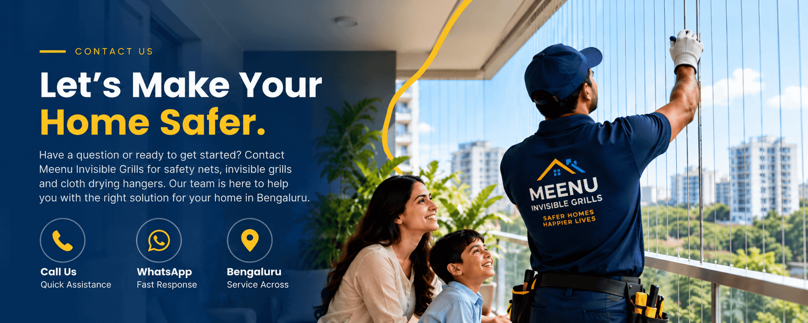Contact Meenu Invisible Grills for safety nets, invisible grills and cloth drying hangers in Bengaluru